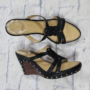 Ugg WOMENS SIZE 8.5 Rochelle Black Brown Wedge Leather Sheepskin Shoes